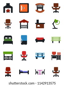 Color and black flat icon set - cafe vector, bed, checkroom, office chair, desk, bench, fireplace, lamp, bedroom, children room, cushioned furniture, alcove, fridge