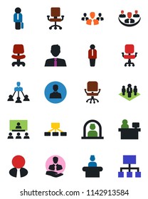 Color and black flat icon set - reception vector, manager, office chair, place, client, user, company, hierarchy, estate agent, group