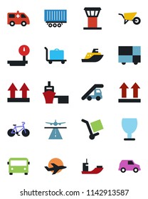 Color and black flat icon set - airport tower vector, runway, baggage trolley, bus, ladder car, wheelbarrow, ambulance, bike, plane, sea shipping, truck trailer, port, consolidated cargo, fragile