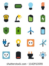 Color and black flat icon set - bulb vector, battery, low, protect, charge, desk lamp, socket, power plug, energy saving, windmill, idea