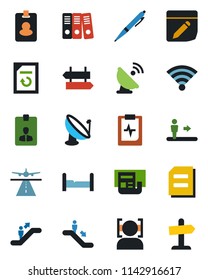 Color and black flat icon set - runway vector, escalator, signpost, identity card, document, reload, pulse clipboard, satellite antenna, notes, wireless, face id, news, paper binder, pen, bedroom