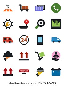 Color and black flat icon set - 24 around vector, phone, ambulance car, client, cargo container, delivery, up side sign, heavy scales, search, cell, scanner, root setup, reserved, waiter, warm floor