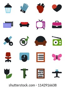 Color and black flat icon set - office chair vector, case, abacus, mouse, tie, glove, butterfly, garden light, real heart, satellite, cargo container, tulip, radio, tv, music, cushioned furniture