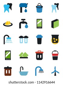 Color and black flat icon set - trash bin vector, shower, bucket, tooth, mobile, blank box, water supply, bathroom, serviette, filter, windmill