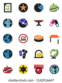 Color and black flat icon set - no laptop vector, ticket office, globe, document reload, pills, diet, earth, pie graph, table, police, alarm led