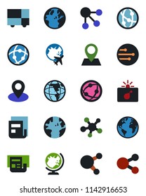Color and black flat icon set - bomb in case vector, globe, plane, earth, pin, consolidated cargo, network, share, news, social media