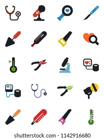 Color and black flat icon set - trowel vector, pruner, saw, stethoscope, blood pressure, thermometer, heart diagnostic, microscope, scalpel, microphone