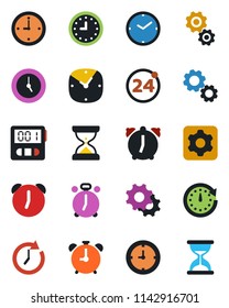 Color and black flat icon set - 24 around vector, alarm clock, settings, stopwatch, gear, sand