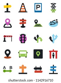 Color and black flat icon set - airport bus vector, parking, barrier, security gate, signpost, border cone, route, navigation, traffic light, place tag, guidepost