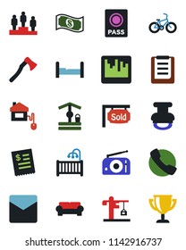 Color and black flat icon set - passport vector, pedestal, well, axe, bike, clipboard, radio, call, mail, scanner, stamp, sold signboard, bedroom, children room, cushioned furniture, crane, cash