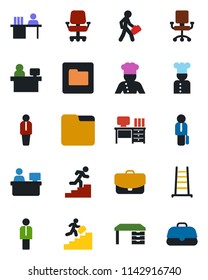 Color and black flat icon set - manager vector, desk, place, ladder, folder, career, cook, office chair, case