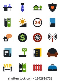 Color and black flat icon set - antenna vector, 24 around, dollar sign, book, stamp, heart shield, heavy scales, brightness, news, checklist, manager desk, tie, house with tree, cushioned furniture