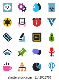 Color and black flat icon set - hierarchy vector, coffee, document, drawing pin, water drop, seeds, microscope, pills blister, message, settings, alarm, scanner, pie graph, office chair, garage