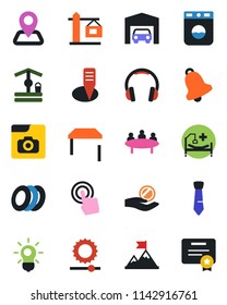 Color and black flat icon set - meeting vector, well, plant label, hospital bed, navigation, touch screen, headphones, bell, brightness, photo gallery, tie, garage, table, crane, plates, washer