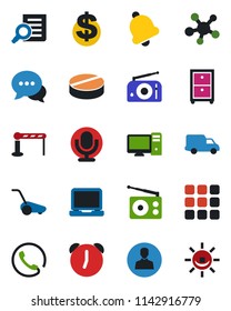 Color and black flat icon set - barrier vector, dollar sign, document search, lawn mower, pills, car delivery, radio, microphone, dialog, laptop pc, share, menu, user, alarm, bell, archive box, led