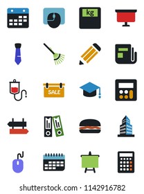Color and black flat icon set - signpost vector, office binder, graduate, mouse, presentation board, pencil, rake, dropper, scales, term, news, calculator, calendar, building, tie, sale, hamburger