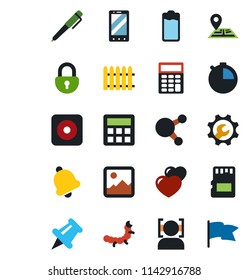 Color and black flat icon set - mobile phone vector, fence, caterpillar, navigation, share, heart, paper pin, battery, rec button, gallery, calculator, stopwatch, bell, sd, lock, face id, root setup