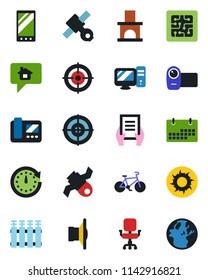 Color and black flat icon set - document vector, sun, fireplace, bike, satellite, speaker, video camera, mobile, calendar, office chair, target, chip, intercome, pc, radiator, home message, clock