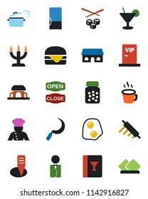 Color and black flat icon set - sickle vector, plant label, pills bottle, coffee, fridge, waiter, cook, wine card, cocktail, cafe building, candle, vip zone, open close, hamburger, rolling pin