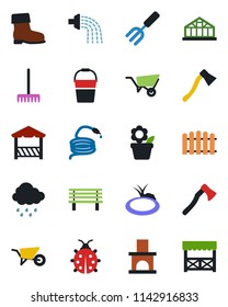 Color and black flat icon set - flower in pot vector, garden fork, fence, rake, wheelbarrow, bucket, watering, boot, lady bug, rain, hose, axe, bench, fireplace, greenhouse, pond, alcove