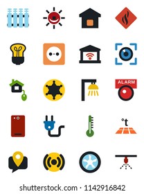 Color and black flat icon set - mobile tracking vector, phone back, smart home, control, socket, power plug, fan, wireless, smoke detector, thermometer, radiator, warm floor, bulb, outdoor lamp