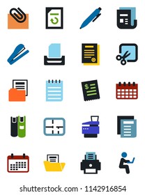 Color and black flat icon set - pen vector, notepad, document, calendar, reload, news, cut, paper clip, folder, printer, tray, copier, contract, book, stapler, plan, restaurant receipt