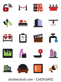 Color and black flat icon set - fence vector, baggage conveyor, baby room, checkroom, office building, blood test vial, pulse clipboard, route, heavy scales, clapboard, scanner, paper binder