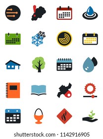 Color and black flat icon set - radar vector, book, tree, satellite, term, network, calendar, brightness, copybook, house with garage, egg stand, snowflake, water, smoke detector, palm sproute