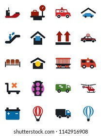 Color and black flat icon set - escalator vector, waiting area, alarm car, helicopter, luggage scales, ambulance, railroad, traffic light, sea shipping, delivery, warehouse storage, up side sign