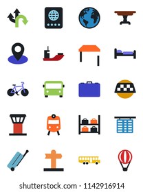 Color and black flat icon set - airport tower vector, taxi, suitcase, bus, train, passport, bed, flight table, luggage storage, case, bike, route, signpost, earth, pin, sea shipping, air balloon