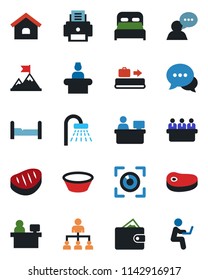 Color and black flat icon set - baggage conveyor vector, reception, shower, hierarchy, meeting, manager place, dialog, speaker, printer, house, bedroom, steak, bowl, eye scan, motivation, wallet