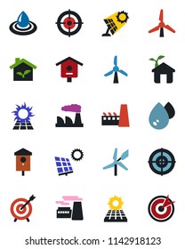Color and black flat icon set - factory vector, bird house, target, sun panel, windmill, eco, water
