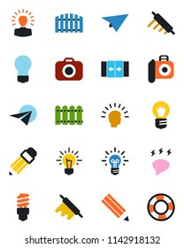 Color and black flat icon set - automatic door vector, brainstorm, bulb, camera, pencil, fence, rolling pin, energy saving, shining head, idea, paper plane, crisis management