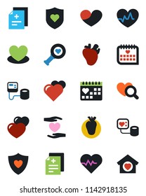 Color and black flat icon set - heart vector, pulse, diagnosis, blood pressure, diagnostic, shield, hand, real, medical calendar, sweet home