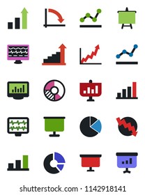 Color and black flat icon set - growth statistic vector, presentation board, crisis graph, circle chart, monitor pulse, statistics, bar, pie, point