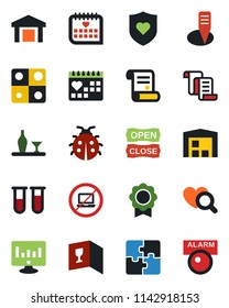 Color and black flat icon set - no laptop vector, contract, statistic monitor, lady bug, plant label, blood test vial, heart diagnostic, shield, medical calendar, warehouse, application, sertificate