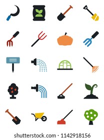 Color and black flat icon set - job vector, garden fork, shovel, farm, rake, wheelbarrow, watering, sproute, hoe, sickle, plant label, pumpkin, greenhouse, fertilizer, fruit tree