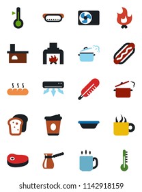 Color and black flat icon set - coffee vector, fire, fireplace, thermometer, air conditioner, bread, steak, hot dog, bowl, steaming pan, turkish