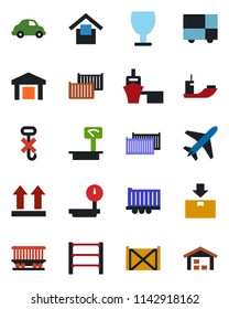 Color and black flat icon set - plane vector, railroad, sea shipping, truck trailer, cargo container, car delivery, port, consolidated, fragile, warehouse storage, up side sign, no hook, package