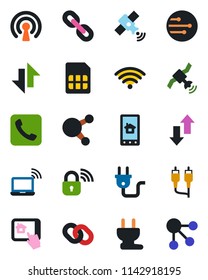 Color and black flat icon set - wireless notebook vector, satellite, share, chain, rca, call, sim, network, data exchange, power plug, lock, home control app, social media