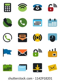 Color and black flat icon set - phone vector, mail, mouse, calendar, call, download, wireless, calculator, lock, flag