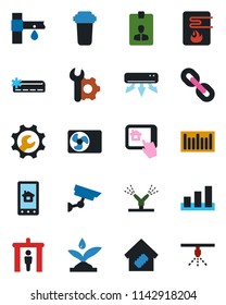Color and black flat icon set - security gate vector, identity card, drip irrigation, sorting, barcode, chain, root setup, air conditioner, smart home, water heater, control app, filter, sprinkler
