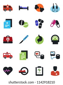 Color and black flat icon set - bed vector, heart pulse, doctor case, diagnosis, blood pressure, pills, ampoule, scalpel, tomography, ambulance car, stomach, broken bone, clipboard