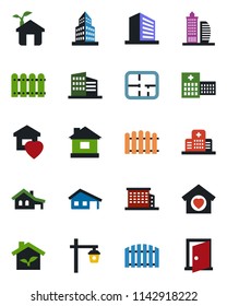 Color and black flat icon set - office building vector, fence, house, garden light, hospital, with garage, plan, sweet home, eco, door