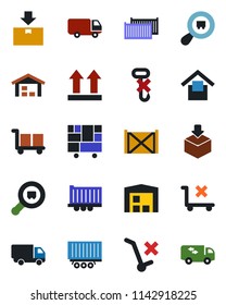 Color and black flat icon set - truck trailer vector, cargo container, car delivery, consolidated, warehouse storage, up side sign, no trolley, hook, package, search, moving