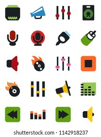 Color and black flat icon set - flame disk vector, loudspeaker, settings, equalizer, microphone, speaker, stop button, fast forward, rewind, rca, hdmi, tuning, sound