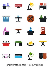 Color and black flat icon set - cafe vector, baby room, reception, flight table, medical, desk, manager place, picnic, lamp, meeting, restaurant, serviette, reserved, salt and pepper