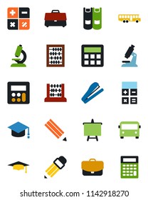 Color and black flat icon set - airport bus vector, book, calculator, graduate, abacus, presentation board, microscope, case, pencil, stapler