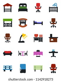 Color and black flat icon set - cafe vector, bed, office chair, desk, bench, fireplace, lamp, bedroom, children room, cushioned furniture, restaurant table, alcove, fridge