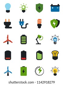 Color and black flat icon set - bulb vector, battery, low, protect, charge, desk lamp, windmill, power plug, energy saving, idea